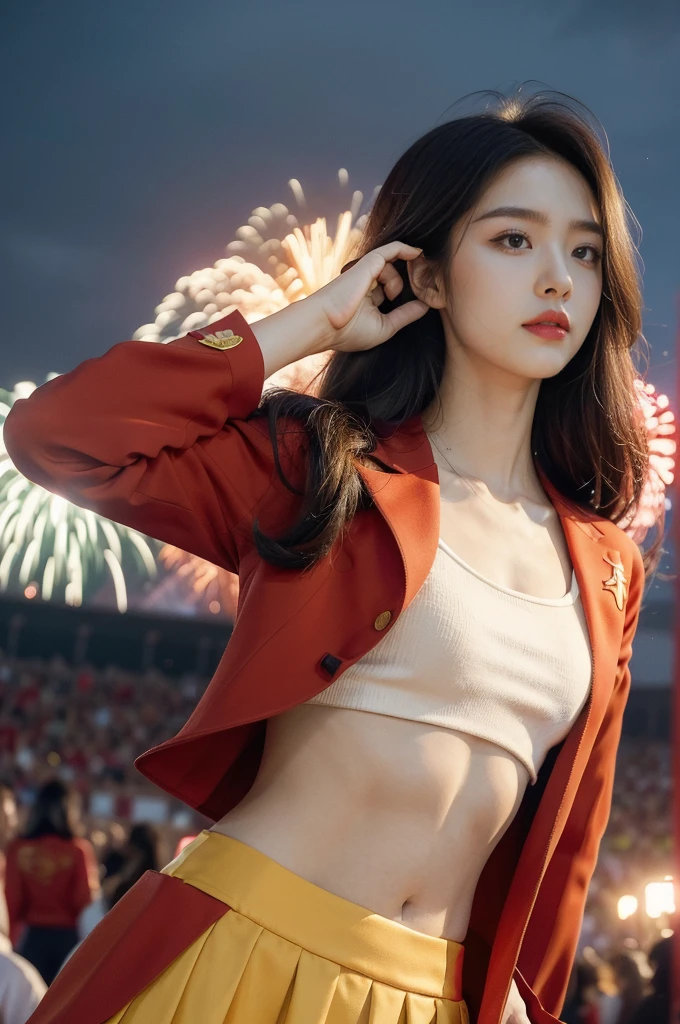 (((best quality))),(((ultra detailed))),(((masterpiece))),illustration, ((Olympic Opening Ceremony,in Paris,summer night,magnificent National stadium of France,Olympic flame, fireworks)),(crowded crowds of enthusiastic spectators:1.3),((a beautiful Chinese girl,solo)),((shoulder length straight hair:1.2)),((slim,thin)),((small breasts,flat chest)),(red blazer:1.5),(yellow skirt:1.2),(slender legs:1.2),excited expression, awe, celebrating, electric atmosphere, sense of pride, excitement, playing field, crowd energy, unity, camaraderie, representing China, historic event, memorable moment,((from front,upper body))