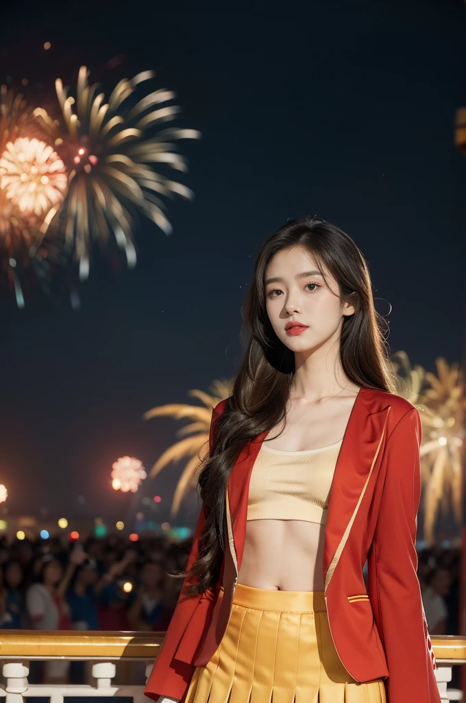 (((best quality))),(((ultra detailed))),(((masterpiece))),illustration, ((Olympic Opening Ceremony,in Paris,summer night,magnificent National stadium of France,Olympic flame, fireworks)),(crowded crowds of enthusiastic spectators:1.3),((a beautiful Chinese girl,solo)),((shoulder length straight hair:1.2)),((slim,thin)),((small breasts,flat chest)),(red blazer:1.5),(yellow skirt:1.2),(slender legs:1.2),excited expression, awe, celebrating, electric atmosphere, sense of pride, excitement, playing field, crowd energy, unity, camaraderie, representing China, historic event, memorable moment,((from front,upper body))