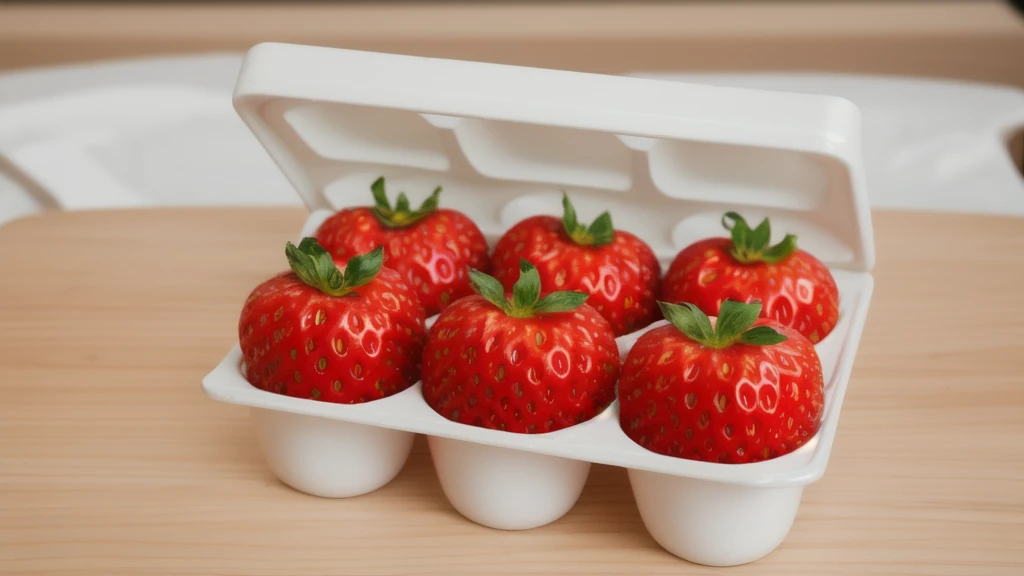 on a wooden table, in a paper egg tray, there are 6 strawberries instead of eggs, strawberries in an egg tray, realistic texture, realistic style, detailed texture, high quality, high resolution, high quality rendering, realistic photo, brightning light, macro photo