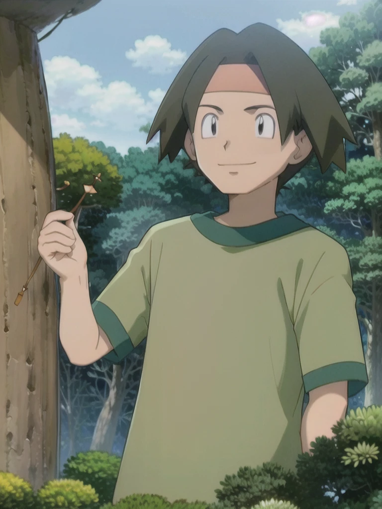 Tracey, solo, smile, shirt, 1boy, closed mouth, upper body, male focus, outdoors, sky, cloud, black eyes, green shirt, anime coloring pokemovies, sugimori ken, ken sugimori ken \(style\), masterpiece, 8k, best quality, happy, smile, anime screencap, zoom out, landscape, sea, daytime, sunlight, concept art, anime background,