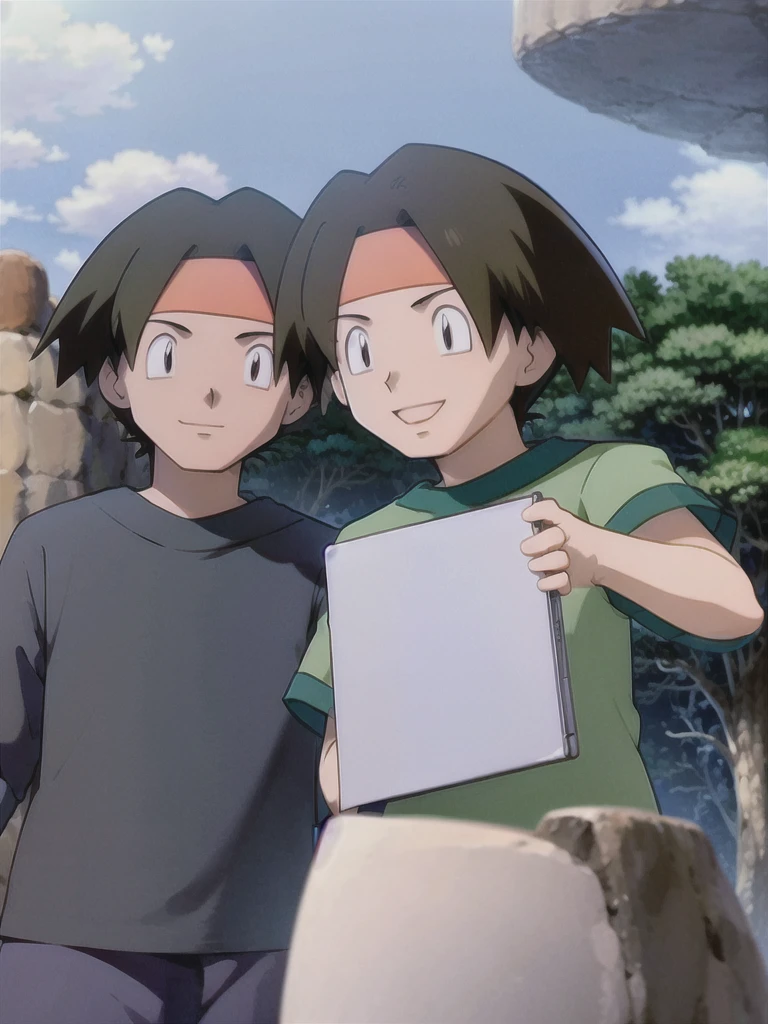 Tracey, solo, smile, shirt, 1boy, closed mouth, upper body, male focus, outdoors, sky, cloud, black eyes, green shirt, anime coloring pokemovies, sugimori ken, ken sugimori ken \(style\), masterpiece, 8k, best quality, happy, smile, anime screencap, zoom out, landscape, sea, daytime, sunlight, concept art, anime background,