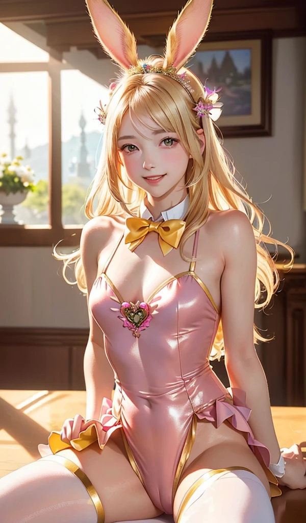 masterpiece, Highest quality, Highly detailed CG Unity 8k wallpaper, (Closeup shot of the upper body head of a beautiful girl), , Elegant long straight blonde hair, (Mckenna Grace), (Flat Chest,Thighs), (pink yellow) Golden (Sparkly tutu,long rabbit ears headgear, , bow tie, No pants, Genitals are visible), (Spread your legs), (blush), Oilskin, (Captivating smile), (Wonderland), Pretty face, Key Art, Awards, intricate detail realism hdr, by (Luan Jia, Altgerm and Range Murata), Photorealism, Hyperrealism, Ultra-realistic, Dramatic Light, Strong Shadows, Nice views, Depth of written boundary