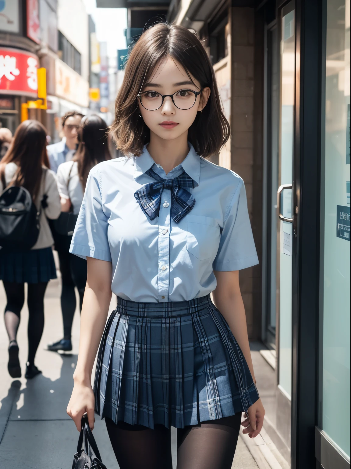 (8k、生photograph、Highest quality、masterpiece:1.2),(Small breasts)、(Small breasts)、(Small breasts)、(Small breasts)、Narrow eyes、Short bob cut、Look straight ahead、pupil,De Pere Blanca,(Black Pantyhose),Small face、Chest is petanko,前hairを真ん中から分ける,The forehead is visible,(business,Glare,strong,Are thin,Irritation、strong、Saucy)、masterpiece,Highest quality,Ultra-high resolution,生photograph,even,beautiful、One person,One person,Glasses,,Strong face、丸Glasses、cute、JK、high school girl、Japanese women、Are standing、(PhotoReactive:1.37)、Photon Mapping、Light blue ribbon、Real、cute小さな顔、Brown eyes、Black socks、(Red bow tie)、Radio City、Physically Based Rendering、Prospect、Character boundary depth、Blurred Background、photograph、girl、body、Beautiful feet、Long legs、Thin legs、(前hairが見える)、hair、lips、blue_The目、Soft Nose、(Light blue shirt)、(Navy, blue and white plaid pleated skirt)、High school uniforms、I can see your knees、See-through clothing、Thighs、black cotton socks、Nogizaka Idol、、Japan Ido