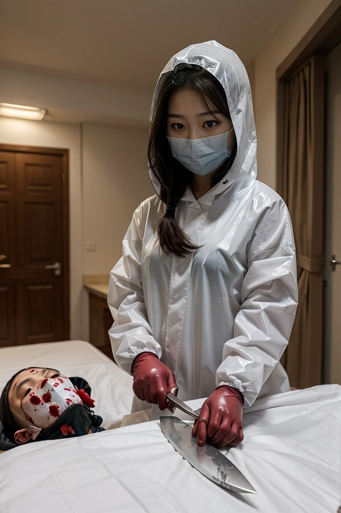 korean girl, (behind corpse, surgical mask), blood splatter, holding knife, stabbing, gloves, room full of blood, transparent raincoat, hood up, safety glasses, holding knife, gloves, behind corpse, ponytail, night, mass murderer, robbery, in the hotel,