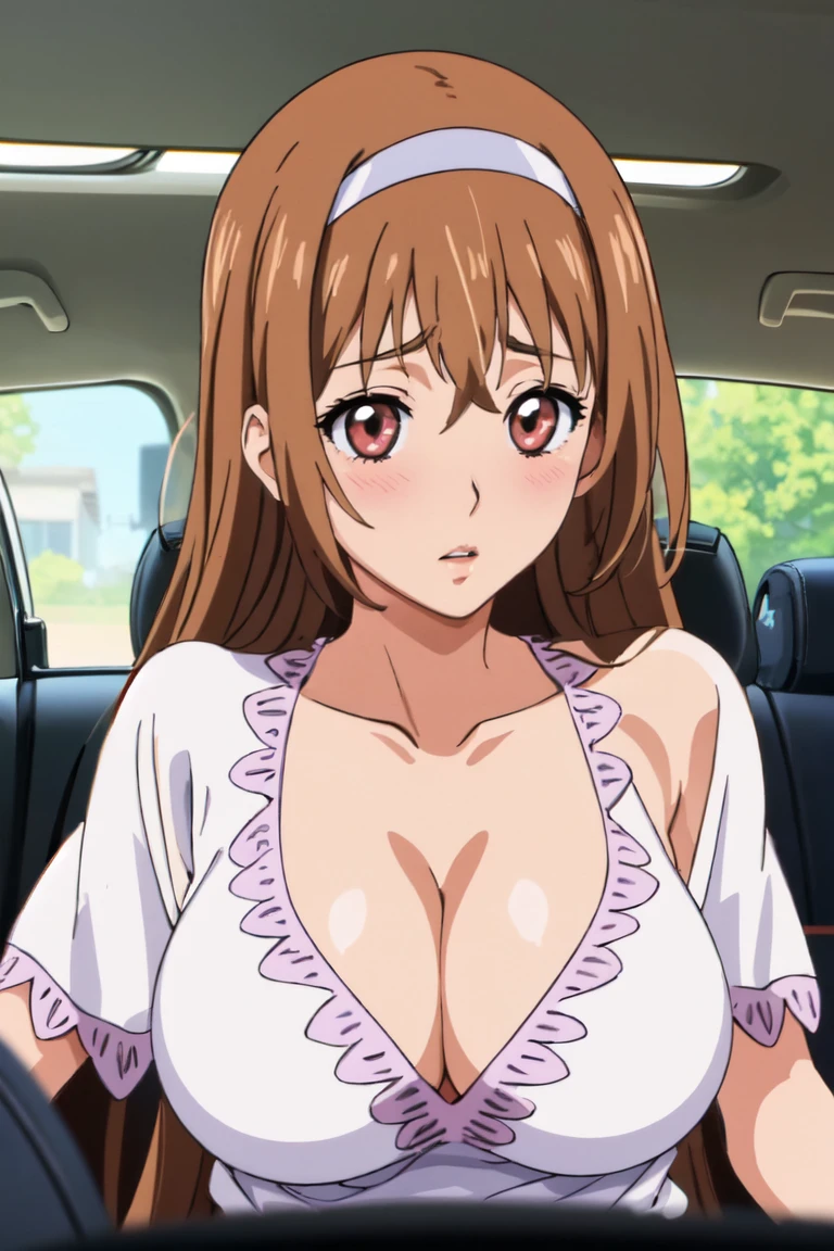 Ayumumo, One girl, alone, hair band, meanwhile, White Dress, Dress Lift, Sitting, blush, Lips parted, Cleavage, View your viewers, Inside the car, ((Sexual pleasure)),((Areola))