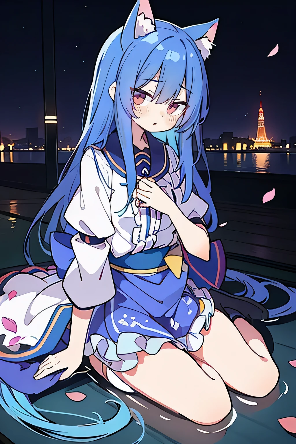 (masterpiece:1.2),Extremely detailed,Practical,expressive eyes,Fair skin,Perfect face shaping,1 Girl,
Japanese cartoons,Gorgeous blue hair, the long flowing blue hair,Floating clothes,Cat ears,Petals fall,beautiful lola,Angel,
Place your hands on your waist,sit elegantly on the ground,(nighttime scene)(With illuminated Tokyo Tower in the background)