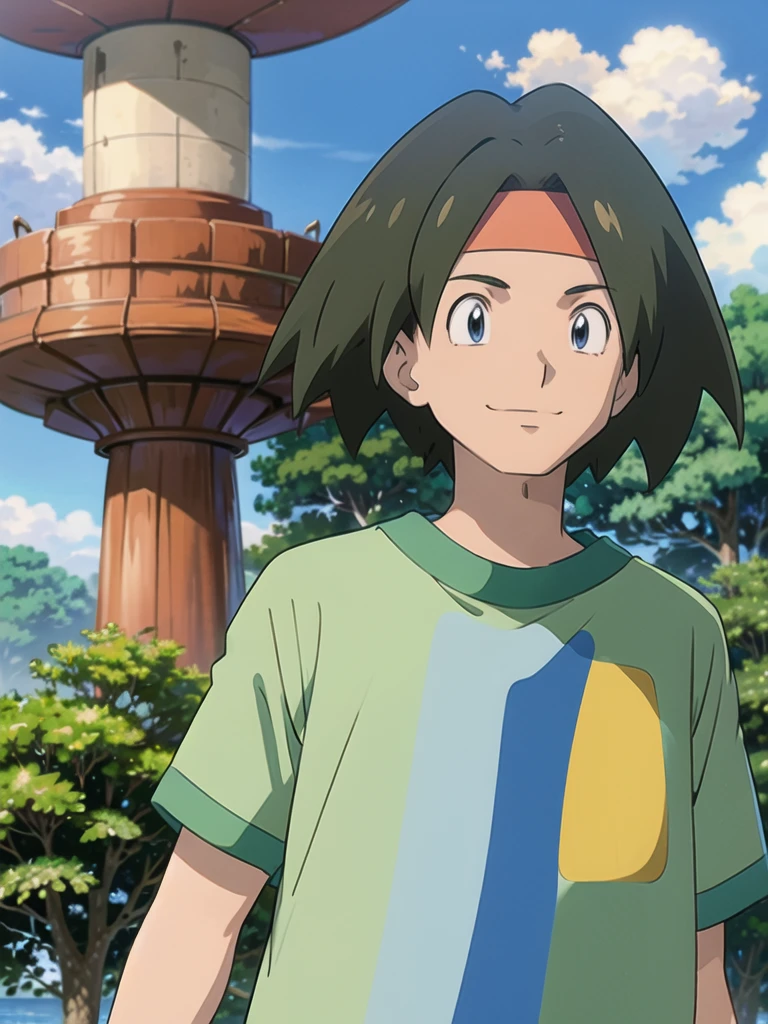 Tracey, solo, smile, shirt, 1boy, closed mouth, upper body, male focus, outdoors, sky, cloud, black eyes, green shirt, anime coloring pokemovies, sugimori ken, ken sugimori ken \(style\), masterpiece, 8k, best quality, happy, smile, anime screencap, zoom out, landscape, sea, daytime, sunlight, concept art, anime background,