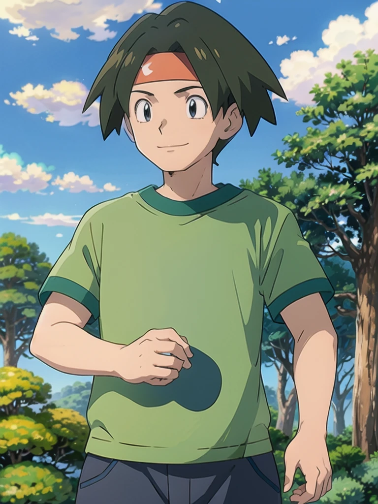 Tracey, solo, smile, shirt, 1boy, closed mouth, upper body, male focus, outdoors, sky, cloud, black eyes, green shirt, anime coloring pokemovies, sugimori ken, ken sugimori ken \(style\), masterpiece, 8k, best quality, happy, smile, anime screencap, zoom out, landscape, sea, daytime, sunlight, concept art, anime background,
