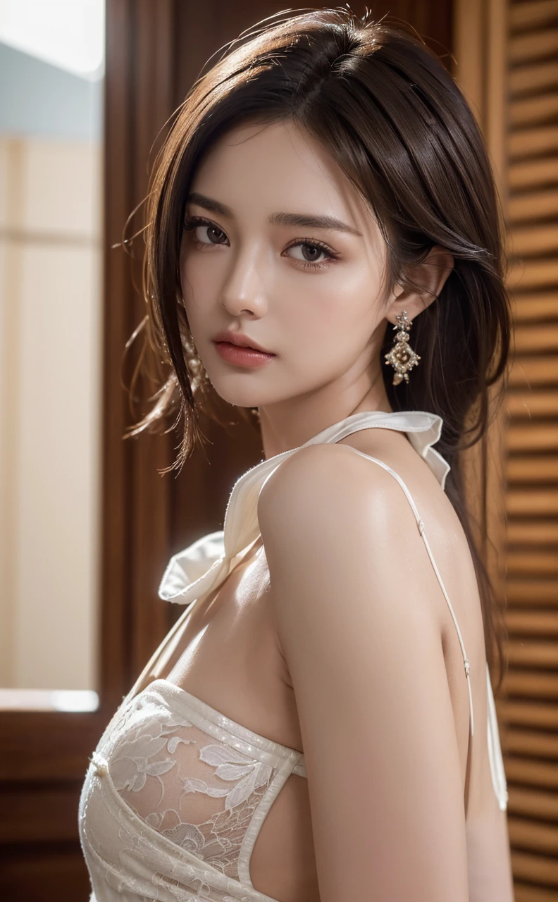 ((Best quality, 8K, masterpiece: 1.3)), full body, sharp focus: 1.2, perfect body beauty: 1.4, slim abdominal muscles: 1.2, ((dark brown hair,: 1.2)), exquisite dress: 1.1, (street: 1.1), highly detailed facial and skin texture, exquisite eyes, double eyelids, exquisite earrings, fluorescent lamp, library background