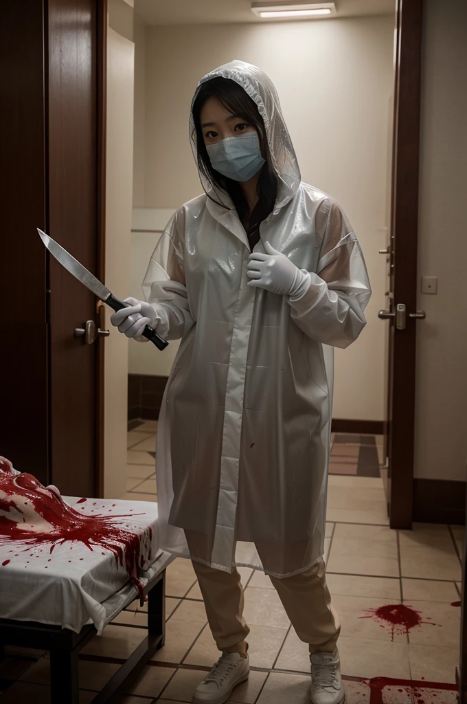 korean girl, (behind corpse, surgical mask), blood splatter, holding knife, stabbing, gloves, room full of blood, transparent raincoat, hood up, holding knife, gloves, behind corpse, ponytail, night, mass murderer, robbery, in the hotel,