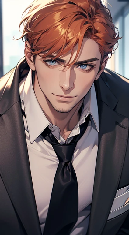 (best quality,4k,8k,highres,masterpiece:1.2),ultra-detailed,(realistic,photorealistic,photo-realistic:1.37),1 man,31 years old,mature man,very handsome,without expression,smile,short grey orange hair,blue eyes,penetrating gaze,perfect face without errors,imposing posture,businessman,office background,cinematic lighting,hdr image