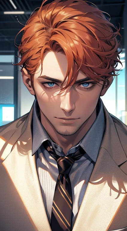 (best quality,4k,8k,highres,masterpiece:1.2),ultra-detailed,(realistic,photorealistic,photo-realistic:1.37),1 man,31 years old,mature man,very handsome,without expression,smile,short grey orange hair,blue eyes,penetrating gaze,perfect face without errors,imposing posture,businessman,office background,cinematic lighting,hdr image