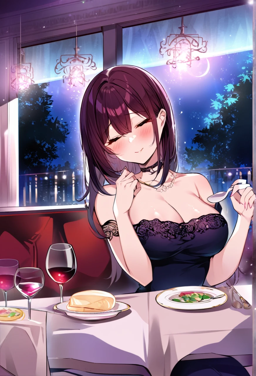 Adult Female, Mature, shy, blushing, short messy dark red hair, shoulder length hair, beautiful make up, dress, sitting in front, dinner table, fancy resturant, table with wine, night time, window seat view, highly detailed, best detail, excellent detail, perfect anatomy, perfect hands, perfect fingers