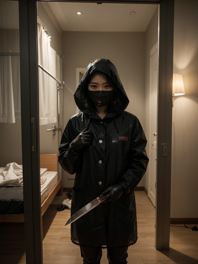 korean girl, (behind corpse, surgical mask), blood splatter, holding knife, stabbing, black gloves, room full of blood, transparent raincoat, hood up, holding knife, black gloves, behind corpse, short hair, night, mass murderer, robbery, in the hotel, light from the window