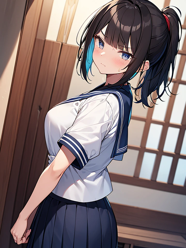 White sailor suit with short sleeves:1.9 Dark blue collar:1.9. Dark blue uniform pleated skirt:1.9. Anime drawings with vivid colors: Tall women:1.9 Standing pose, sweat, big , troubled face, glaring, wrinkled brows, flushed cheeks, night:1.3 Apartment bedroom, white sheets, short black hair, ponytail:1.9 Straight hair, bangs swept to the side:1.9. Slanted eyes, brown eyes, tall, strong-willed, beautiful