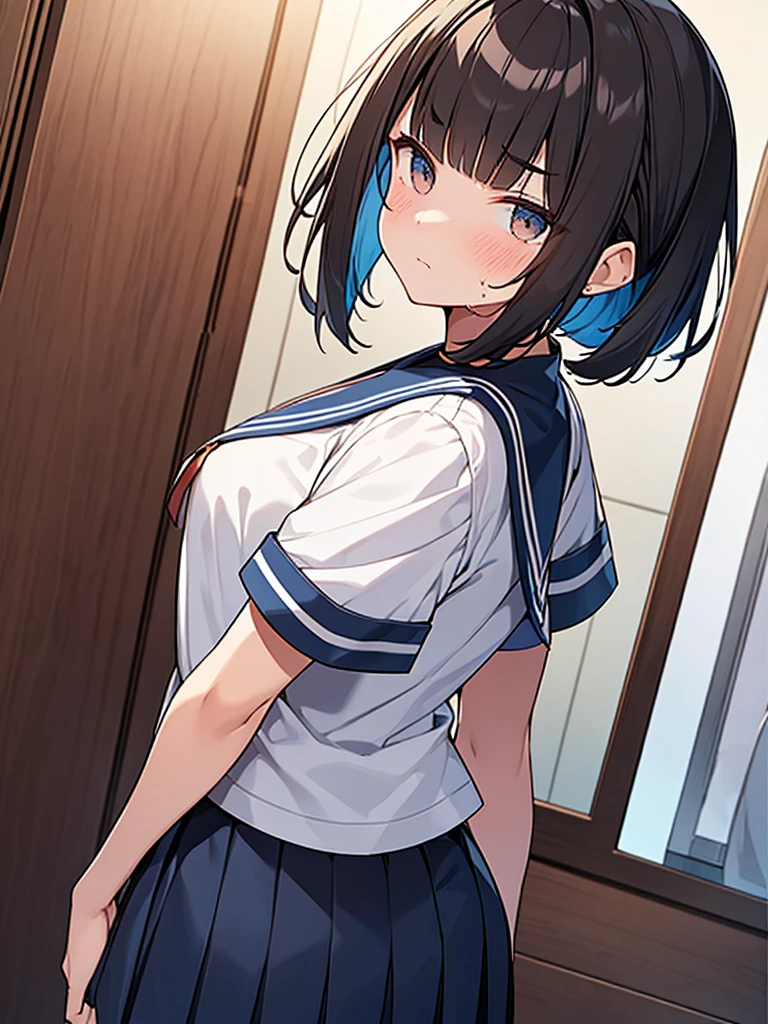 White sailor suit with short sleeves:1.9 Dark blue collar:1.9. Dark blue uniform pleated skirt:1.9. Anime drawings with vivid colors: Tall women:1.9 Standing pose, sweat, big , troubled face, glaring, wrinkled brows, flushed cheeks, night:1.3 Apartment bedroom, white sheets, short black hair, ponytail:1.9 Straight hair, bangs swept to the side:1.9. Slanted eyes, brown eyes, tall, strong-willed, beautiful