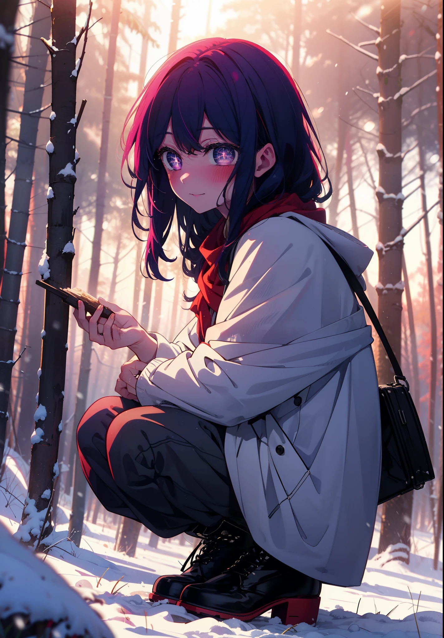 aihoshino, Ai Hoshino, Long Hair, bangs, (Purple eyes:1.1), Purple Hair, (Symbol-shaped pupil:1.5), smile,,smile,blush,white breath,
Open your mouth,snow,Ground bonfire, Outdoor, boots, snowing, From the side, wood, suitcase, Cape, Blurred, , forest, White handbag, nature, Squat, Mouth closed, Cape, winter, Written boundary depth, Black shoes, red Cape break looking at viewer, Upper Body, whole body, break Outdoor, forest, nature, break (masterpiece:1.2), Highest quality, High resolution, unity 8k wallpaper, (shape:0.8), (Beautiful and beautiful eyes:1.6), Highly detailed face, Perfect lighting, Highly detailed CG, (Perfect hands, Perfect Anatomy),