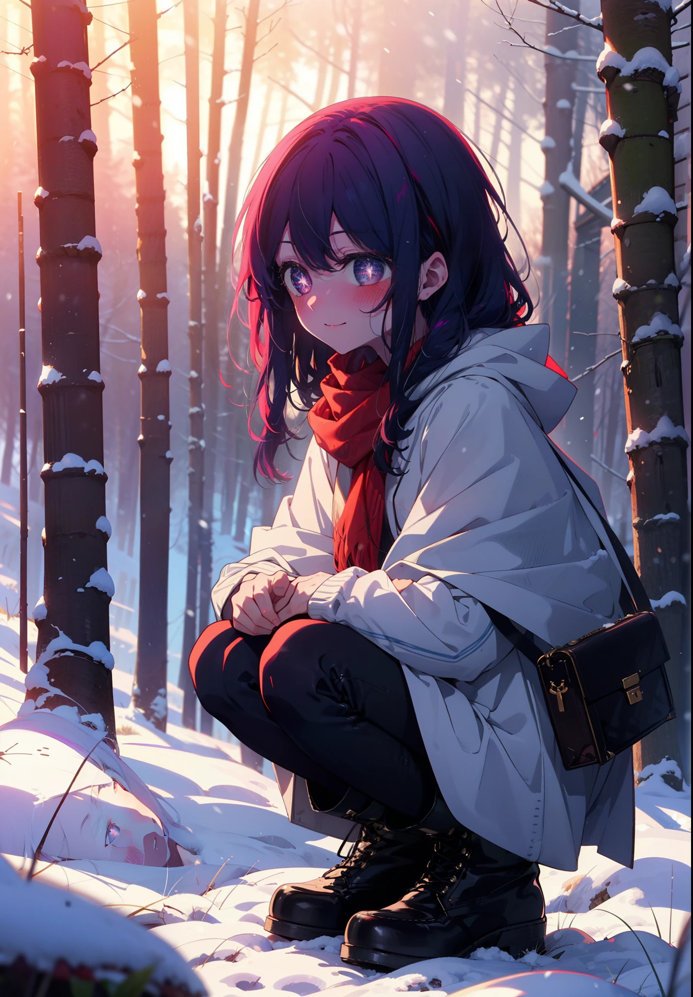 aihoshino, Ai Hoshino, Long Hair, bangs, (Purple eyes:1.1), Purple Hair, (Symbol-shaped pupil:1.5), smile,,smile,blush,white breath,
Open your mouth,snow,Ground bonfire, Outdoor, boots, snowing, From the side, wood, suitcase, Cape, Blurred, , forest, White handbag, nature, Squat, Mouth closed, Cape, winter, Written boundary depth, Black shoes, red Cape break looking at viewer, Upper Body, whole body, break Outdoor, forest, nature, break (masterpiece:1.2), Highest quality, High resolution, unity 8k wallpaper, (shape:0.8), (Beautiful and beautiful eyes:1.6), Highly detailed face, Perfect lighting, Highly detailed CG, (Perfect hands, Perfect Anatomy),