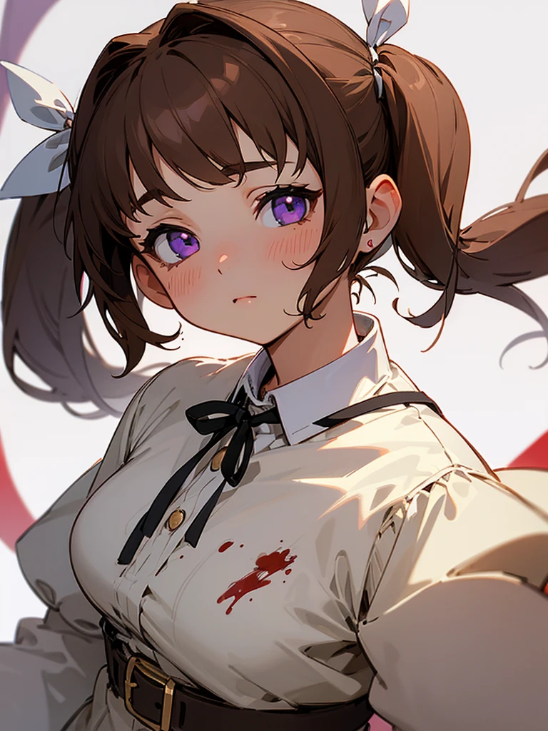 (1girl), masterpiece, best quality, super fine illustration, an extremely cute , highly detailed beautiful face, looking at viewer, 1girl, belt, closeup, looking at viewer, 4k, high res, ribbon, firis mistuld, blush, pov, twintail hair, white background, simple background, thick outline, purple eyes, (sleep), brown hair, love expression, ((brown hair)), (blood),