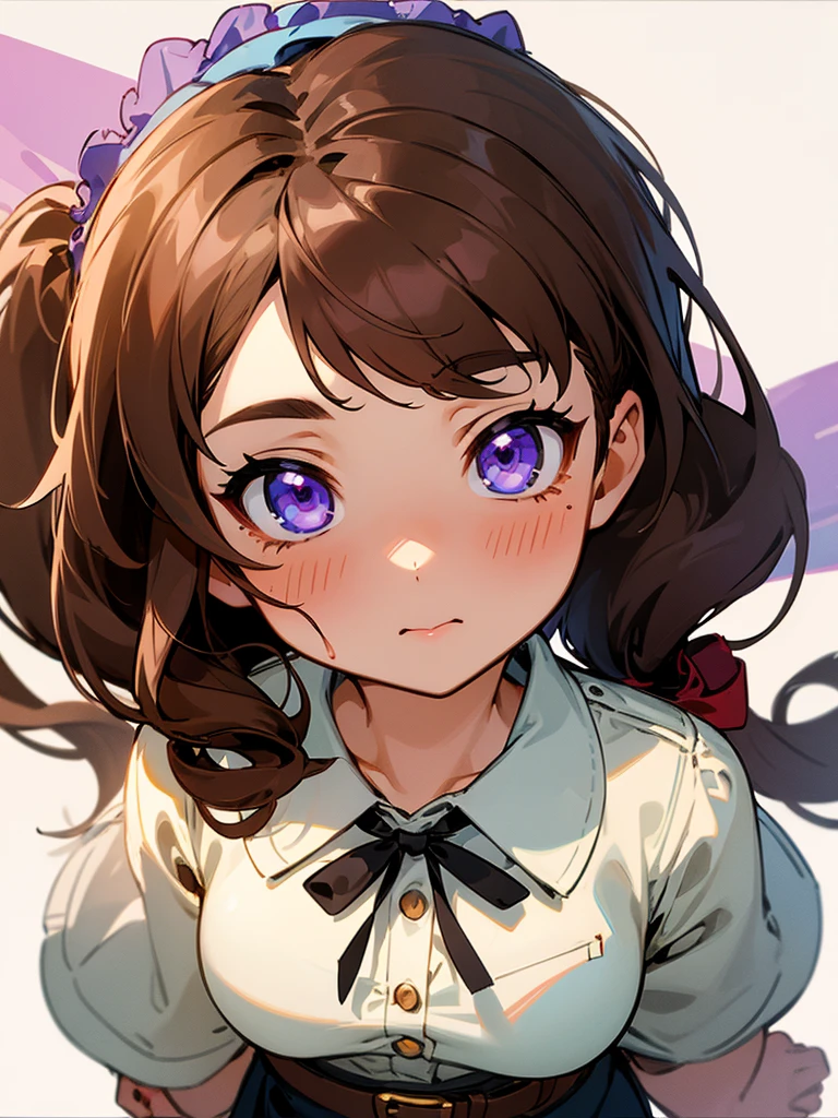 (1girl), masterpiece, best quality, super fine illustration, an extremely cute , highly detailed beautiful face, looking at viewer, 1girl, belt, closeup, looking at viewer, 4k, high res, ribbon, firis mistuld, blush, pov, twintail hair, white background, simple background, thick outline, purple eyes, (sleep), brown hair, love expression, ((brown hair)), (blood),