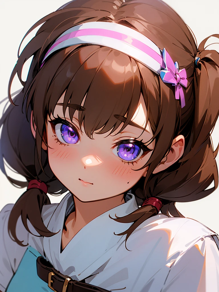 (1girl), masterpiece, best quality, super fine illustration, an extremely cute , highly detailed beautiful face, looking at viewer, 1girl, belt, closeup, looking at viewer, 4k, high res, ribbon, firis mistuld, blush, pov, twintail hair, white background, simple background, thick outline, purple eyes, (sleep), brown hair, love expression, ((brown hair)), (blood),