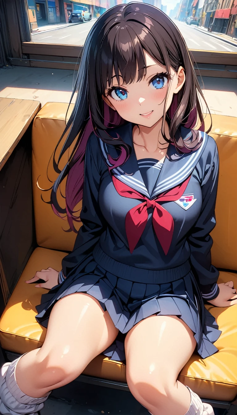 (Highest quality:1.2, 4K, 8k, Studio Anime, Very detailed, up to date, Vibrant, Attention to detail, High Contrast, masterpiece:1.2, Highest quality, Best aesthetics), (((1 girl))), Sit and pose, JK, Sailor suit, Pleated skirt, loose socks, loafers, Open your mouth a little:1.2, smile, Dynamic Angle, look up:1.3, Friendly atmosphere, Beautiful Hair, Shiny Hair, Beautiful Skin, Detailed face and eyes, Glossy Lips, Curvy Women, Striking contrast,