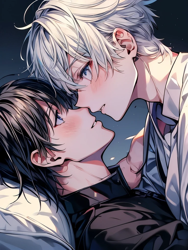 (Mastepiece), (Best Quality), Very detailed, ((Two men intimate)), Perfect Face, Beautiful Face, Very detailed顔，(One black-haired man:1.3)，(One white-haired man:1.3)，shirt、smile