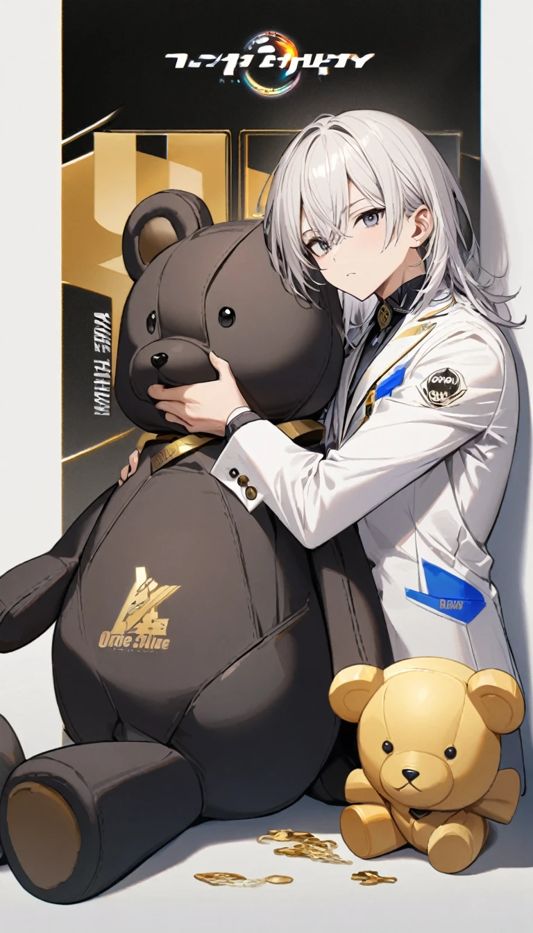 1boy , one side blue one side black eyes , white medium hair,,white blazer with logo,one black teddy bear, one golden teddy bear 