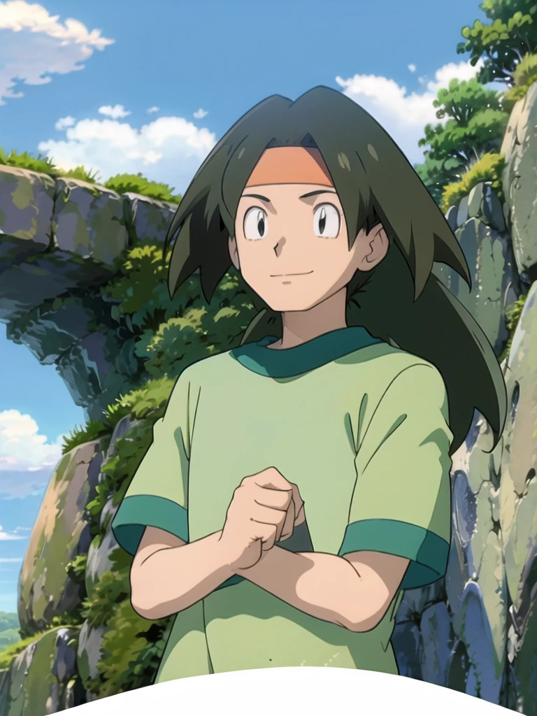Tracey, solo, smile, shirt, 1boy, closed mouth, upper body, male focus, outdoors, sky, cloud, black eyes, green shirt, anime coloring pokemovies, sugimori ken, ken sugimori ken \(style\), masterpiece, 8k, best quality, happy, smile, anime screencap, zoom out, landscape, sea, daytime, sunlight, concept art, anime background,