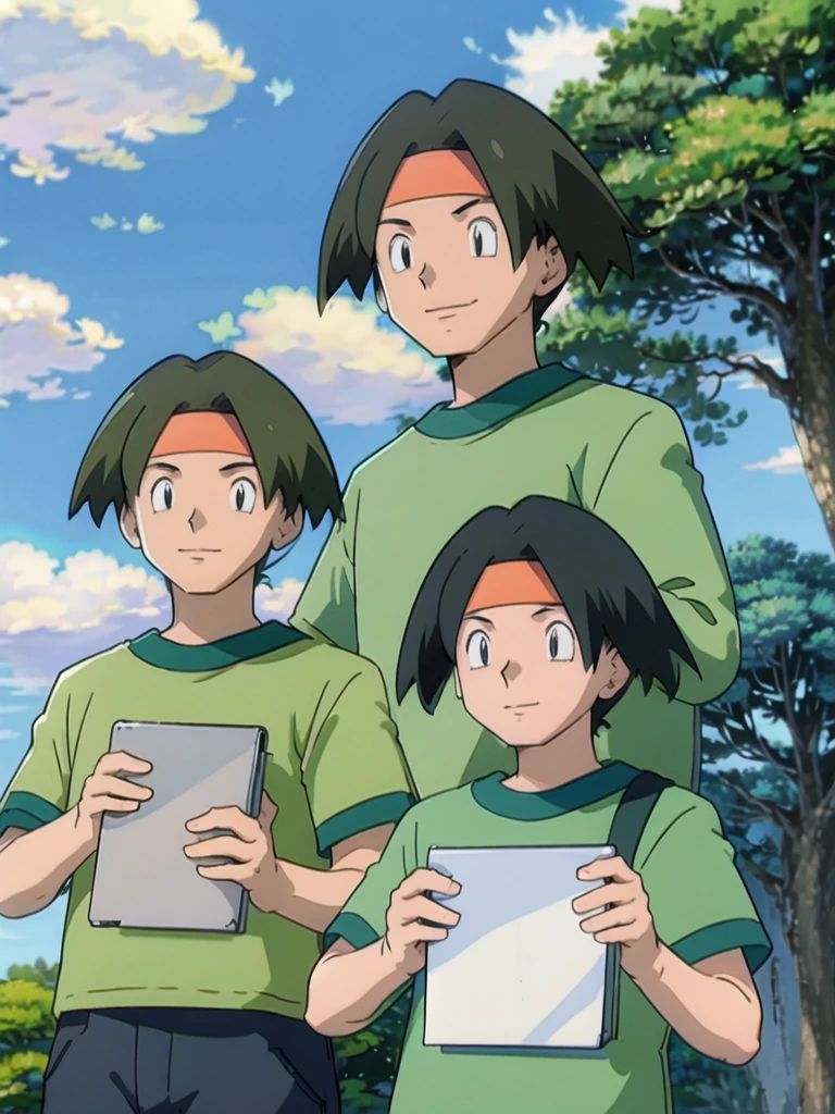Tracey, solo, smile, shirt, 1boy, closed mouth, upper body, male focus, outdoors, sky, cloud, black eyes, green shirt, anime coloring pokemovies, sugimori ken, ken sugimori ken \(style\), masterpiece, 8k, best quality, happy, smile, anime screencap, zoom out, landscape, sea, daytime, sunlight, concept art, anime background,
