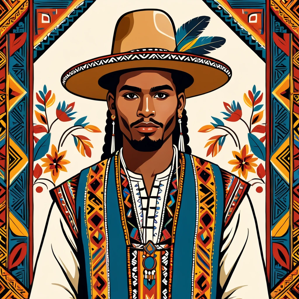 man in folk outfit from an unknown south american ethnic group, vector graphics, strong contours
