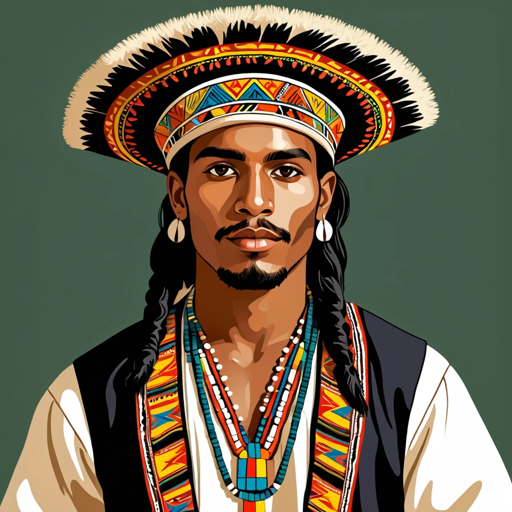 man in folk outfit from an unknown south american ethnic group, vector graphics, strong contours
