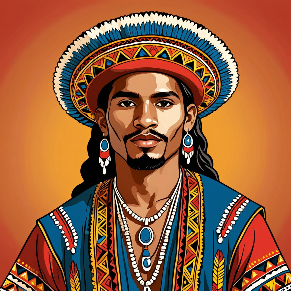 man in folk outfit from an unknown south american ethnic group, vector graphics, strong contours
