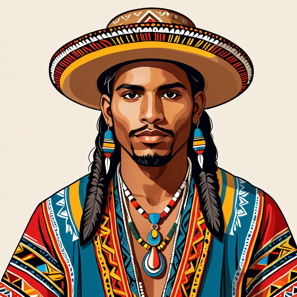 man in folk outfit from an unknown south american ethnic group, vector graphics, strong contours
