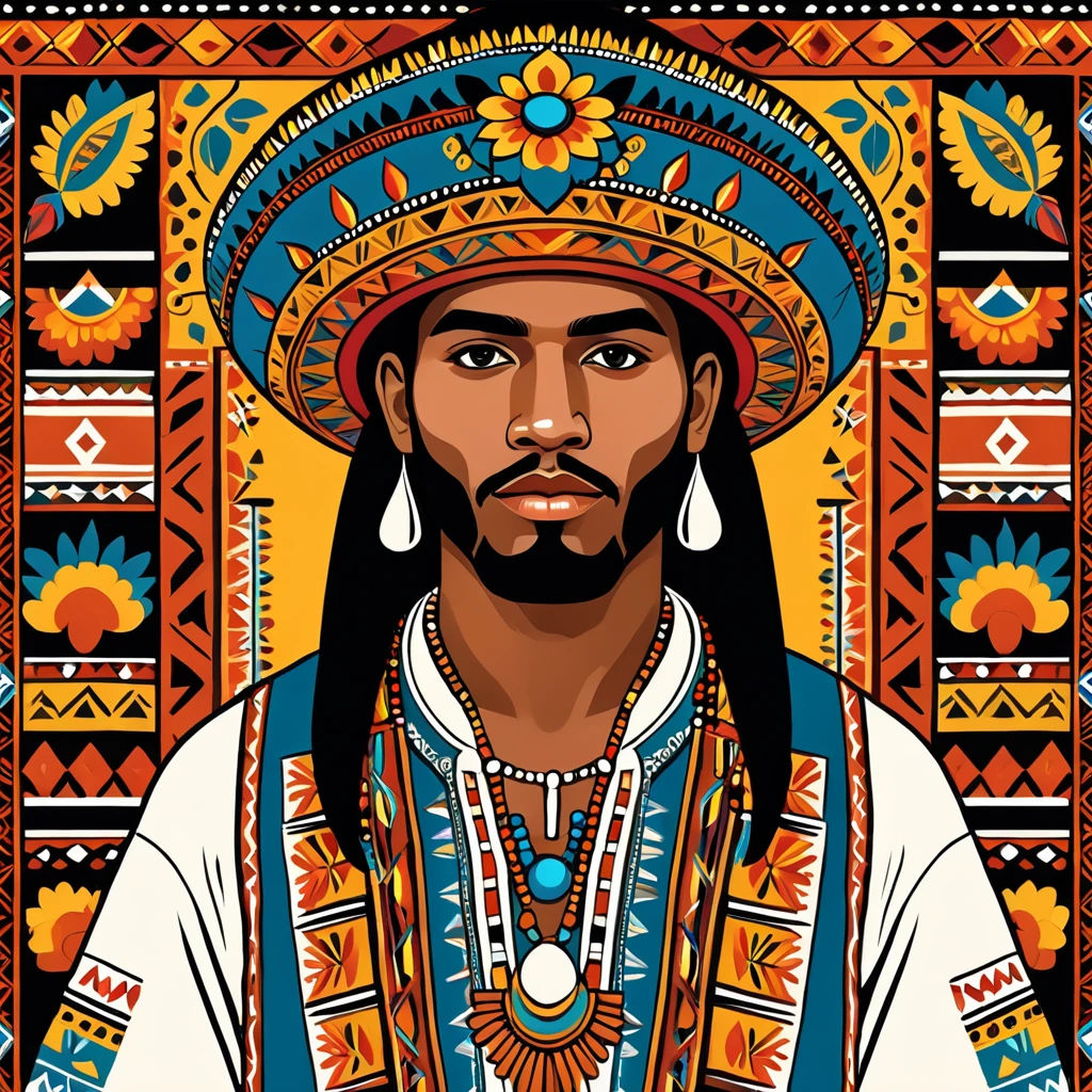 man in folk outfit from an unknown south american ethnic group, vector graphics, strong contours