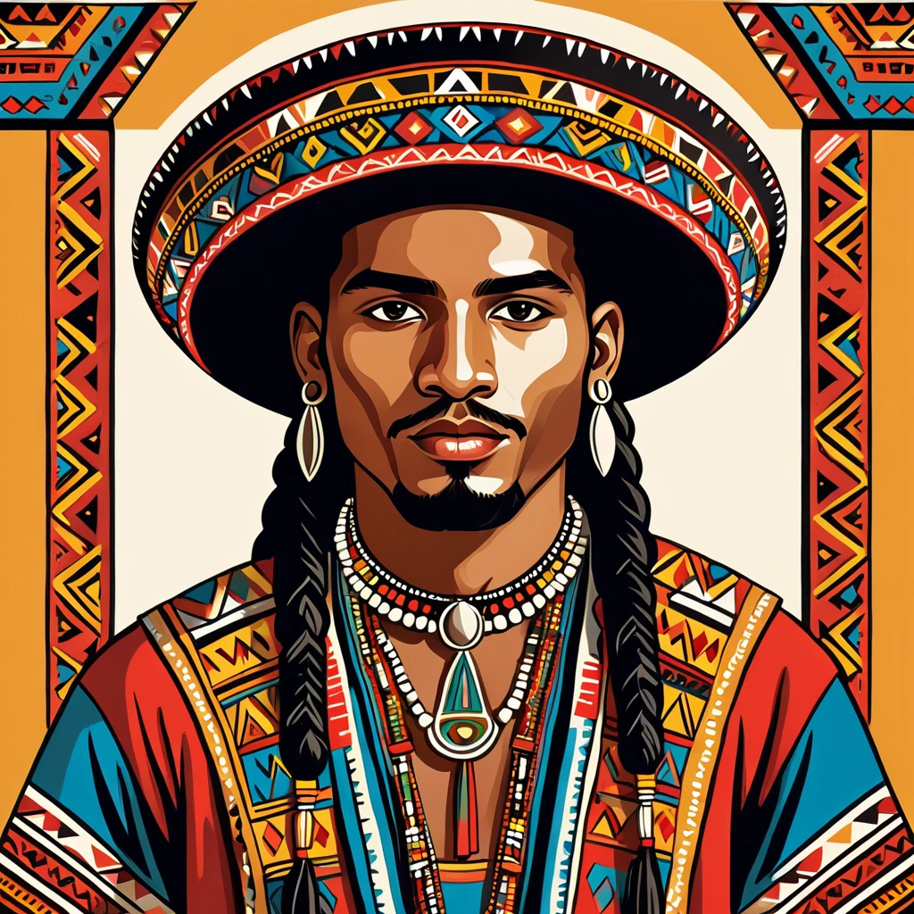 man in folk outfit from an unknown south american ethnic group, vector graphics, strong contours
