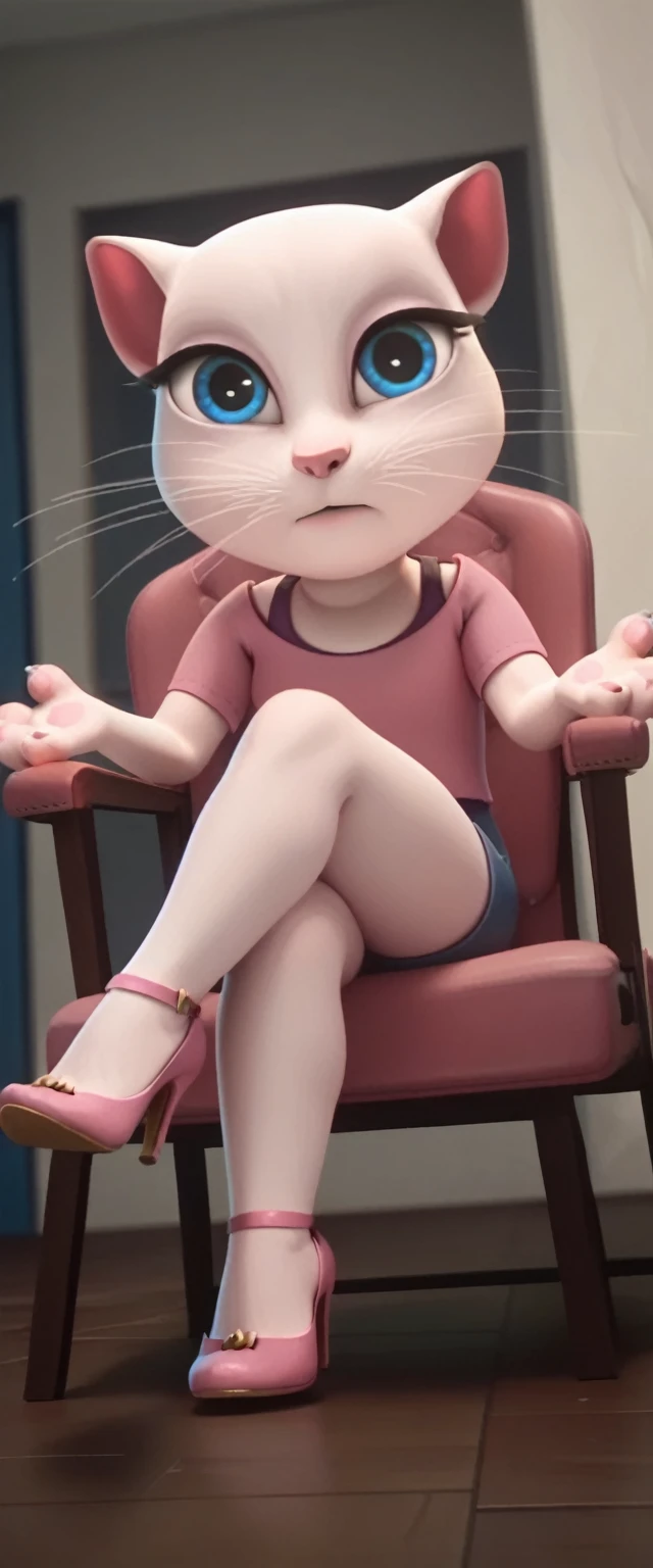 1 girl, cat, white fur, long whiskers on both sides of the face, large bright blue eyes, large black eyelashes, small pink nose, triangular ears with pink channels. There are high heels. Front view legs of woman on chair facing inwards on back with legs up in the air. crossed legs