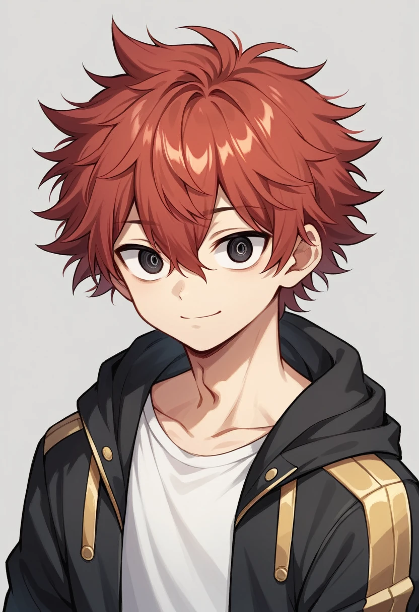 (high-quality, breathtaking),(expressive eyes, perfect face) 1boy, male, solo, , teenaguline face, red color hair, black eye color, spiky fluffy hair, medium hair length, messy loose hair, narrow eyes, Symmetrical Eyes, portrait, cute smile, grey background, hair between eyes, white shirt, cool black hooded jacket with gold trim, red inside of jacket, black 
