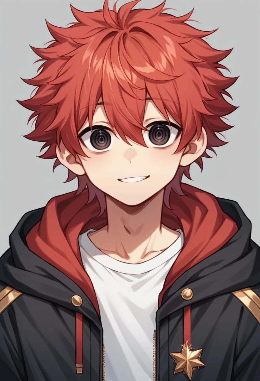 (high-quality, breathtaking),(expressive eyes, perfect face) 1boy, male, solo, age 16, teenager age, masculine face, red color hair, black eye color, spiky fluffy hair, medium hair length, messy loose hair, narrow eyes, Symmetrical Eyes, portrait, cute smile, grey background, hair between eyes, white shirt, cool black hooded jacket with gold trim, red inside of jacket, black