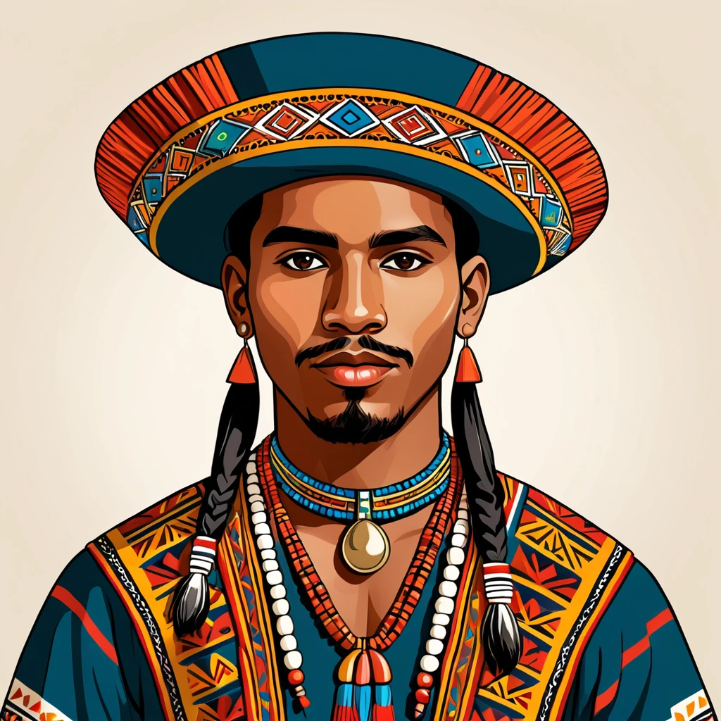 man in folk outfit from an unknown south american ethnic group, vector graphics, strong contours
