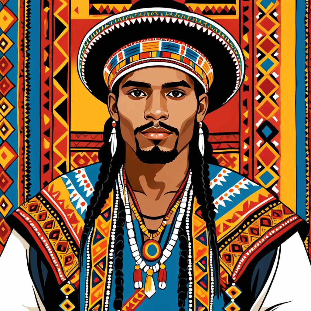 man in folk outfit from an unknown south american ethnic group, vector graphics, strong contours