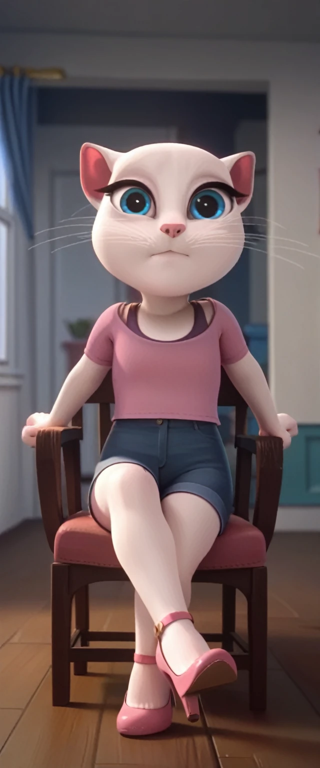 1 girl, cat, white fur, long whiskers on both sides of the face, large bright blue eyes, large black eyelashes, small pink nose, triangular ears with pink channels. There are high heels. Front view legs of woman on chair facing inwards on back with legs up in the air. crossed legs