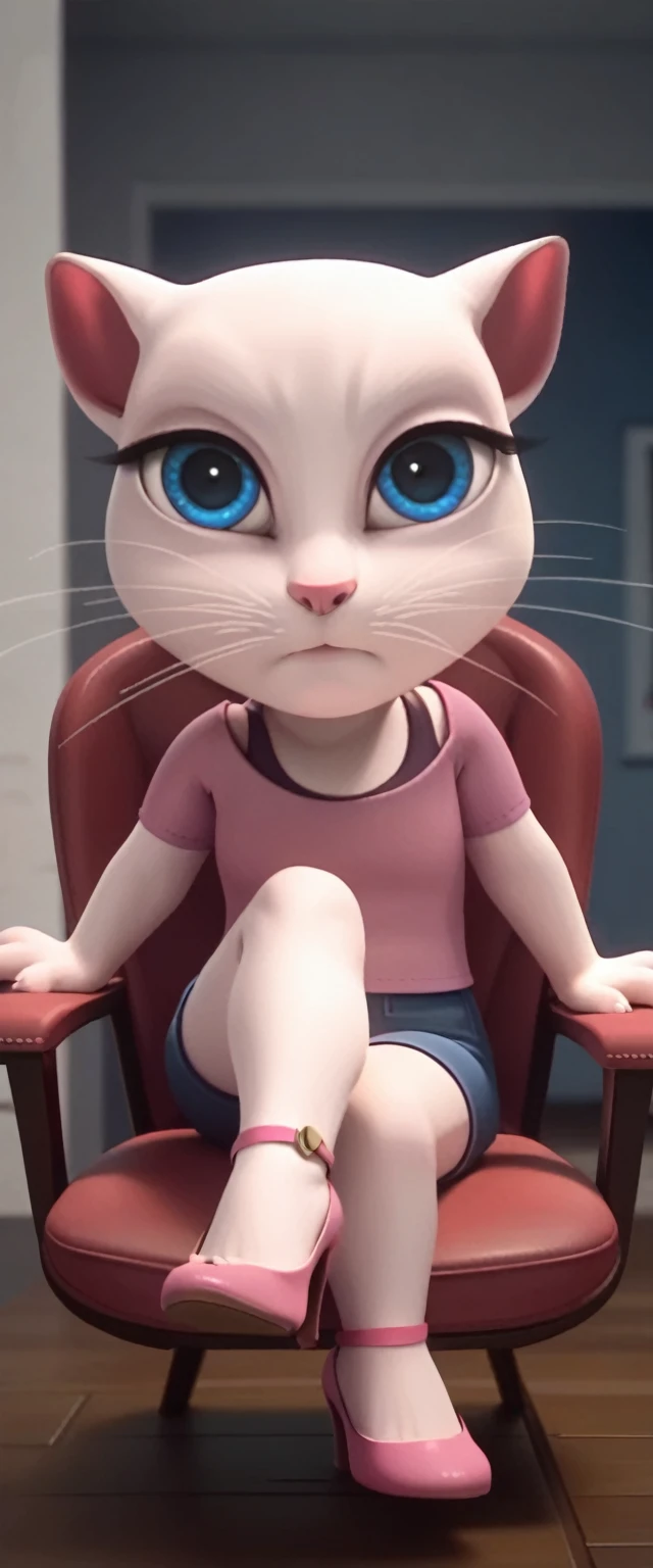 1 girl, cat, white fur, long whiskers on both sides of the face, large bright blue eyes, large black eyelashes, small pink nose, triangular ears with pink channels.     There are high heels.  Front view legs of woman on chair facing inwards on back with legs up in the air.  crossed legs