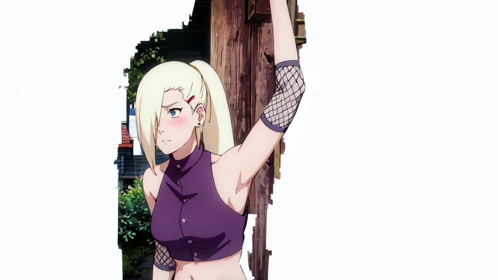 1girl, solo, looking to the left, ponytail, hair over one eye, hairclip, earrings, long hair, blonde hair, sleeveless shirt, bare shoulders, ninja, upper body, midriff, navel, fishnets, arms up, armpits, showing armpits, masterpiece, by masashi kishimoto, purple crop top, slight blush