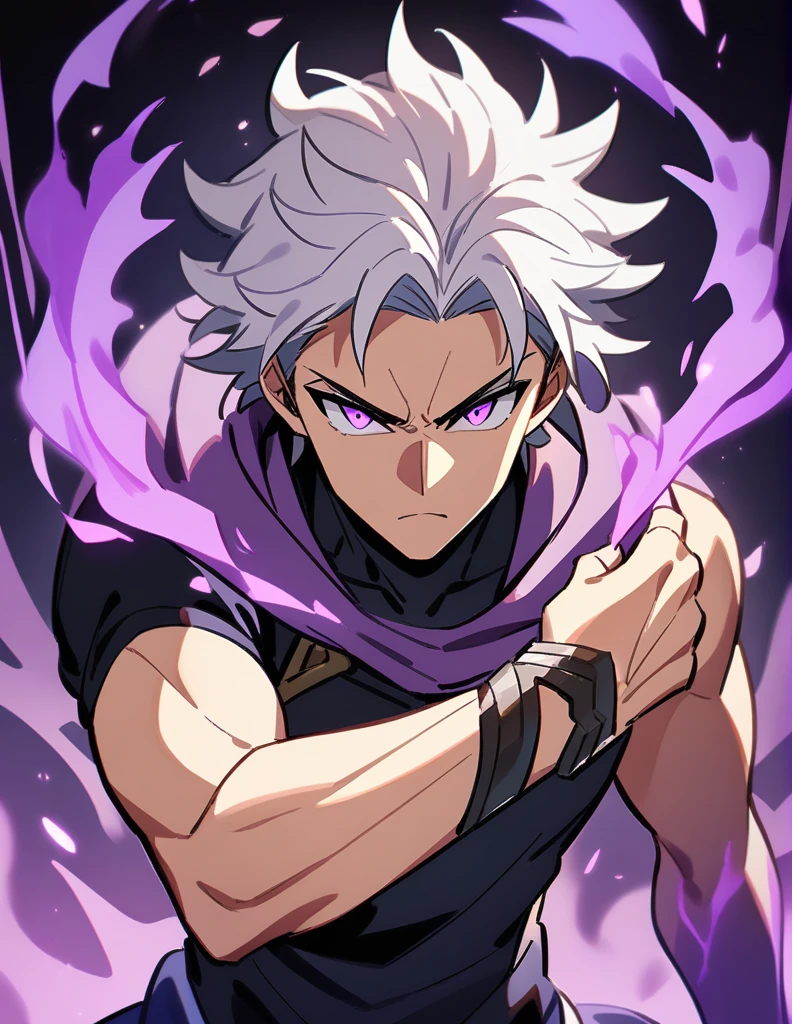 Greek boy with long white hair, serious look, violet eyes, using purple fire powers with one arm
