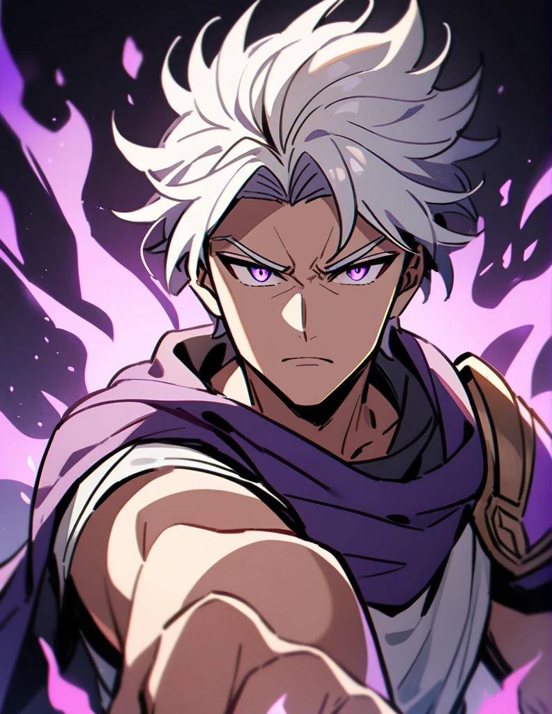 Greek boy with long white hair, serious look, violet eyes, using purple fire powers with one arm