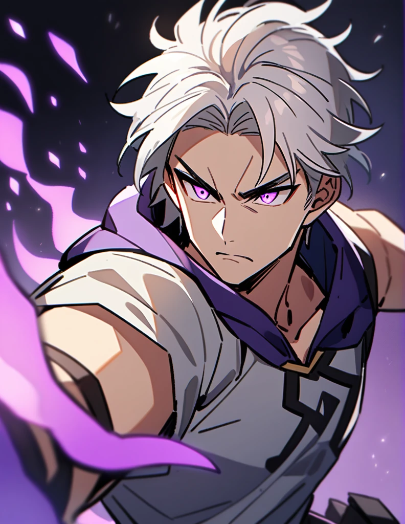 Greek boy with long white hair, serious look, violet eyes, using purple fire powers with one arm