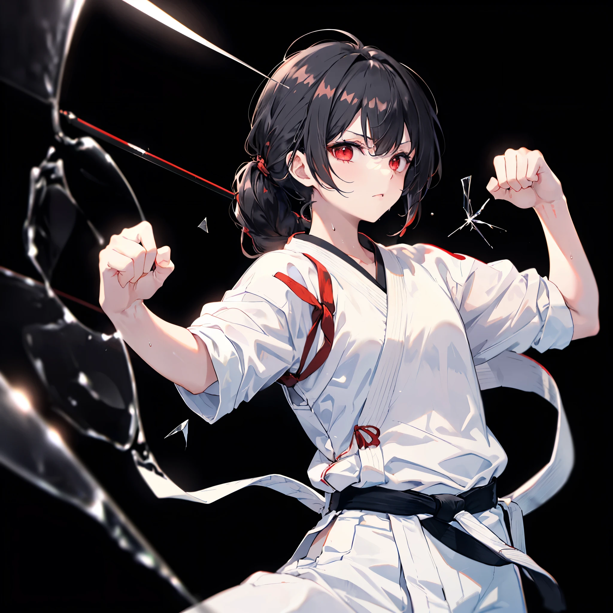 ((((Karate Black belt、Straight punch Breaking Glass)))) (((White Doshi White trousers、Sweat Bright red eyes Black Hair Long Hair Tie your hair back))) ((Black background)) Shining Edge Shining Background