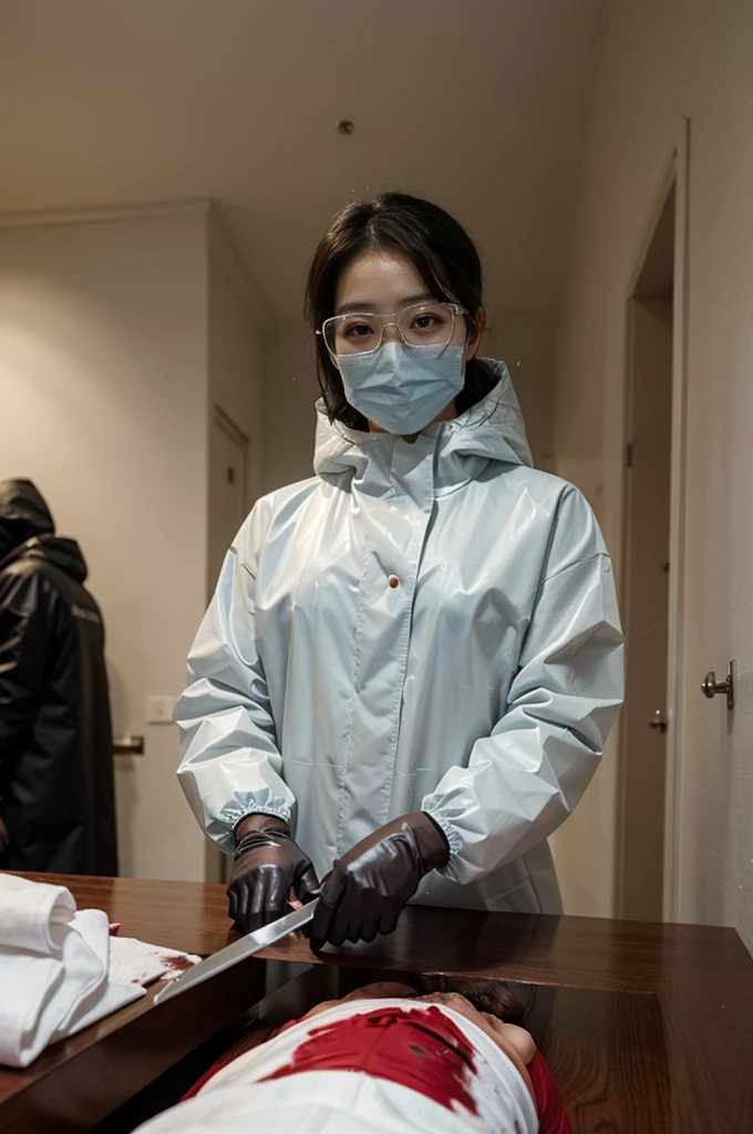 korean girl, (behind corpse, surgical mask), blood splatter, holding knife, stabbing, gloves, room full of blood, transparent raincoat, hood up, safety glasses, holding knife, gloves, behind corpse, night, mass murderer, robbery, in the hotel,