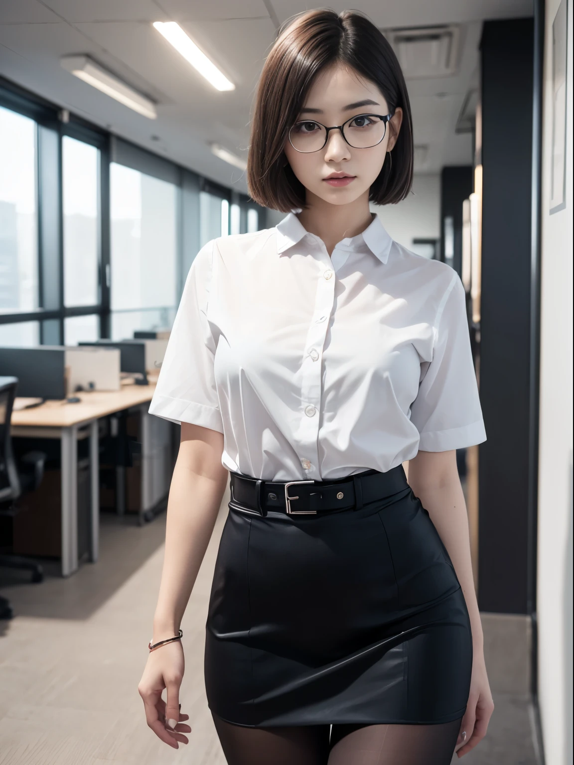 (One person、solo)、A 20-something office lady in an office uniform poses for a photo、(Black Pantyhose)、(Short bob cut)、victory、Tsundere、Single knot、OL、suit、Blue Mole Face、anger、、Glasses、Slim girl model photo、Female Model、Japanese female fashion model、(8k、RAW Photos、Highest quality、masterpiece:1.2)、(Real、Photorealistic:1.37)、Ultra high definition、Ultra high definition、office Street、Standing position、whole body、((((sexly)))